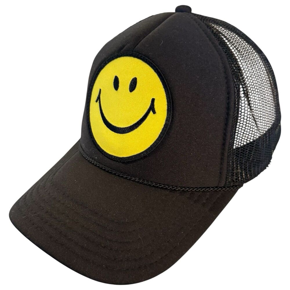 Aviator Nation Smiley Face Rope Foam Trucker Hat Black Yellow Patch Snapback
